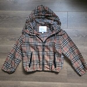 Burberry Tan Plaid Hooded Rain Jacket with Red & Black Accents